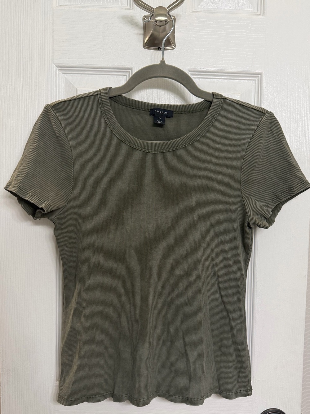 Halogen Olive Green Ribbed Knit Short Sleeve Top Size Medium